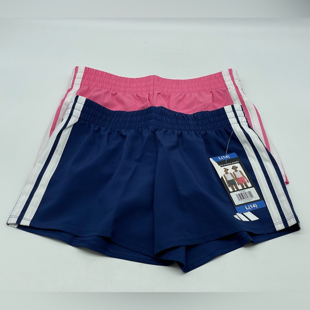 Adidas Girls 2-Pack Athletic Shorts Size L (14) Pink & Blue – NWT